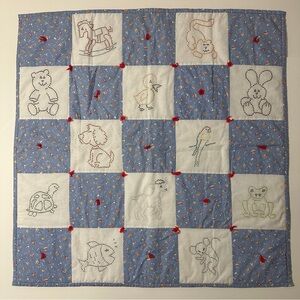 Handmade Vintage Baby Quilt 42x42 Embroidered Animals Cross Stitch Blocks Tied